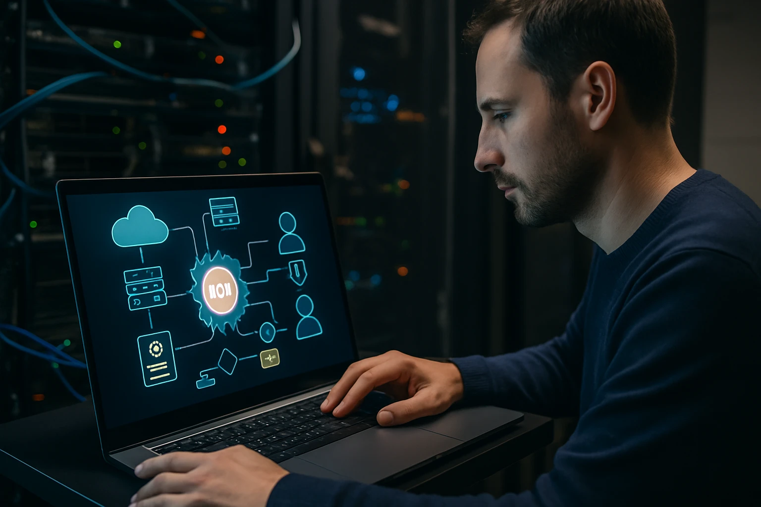 Egy férfi laptopon dolgozik, miközben adatátviteli diagramot néz.