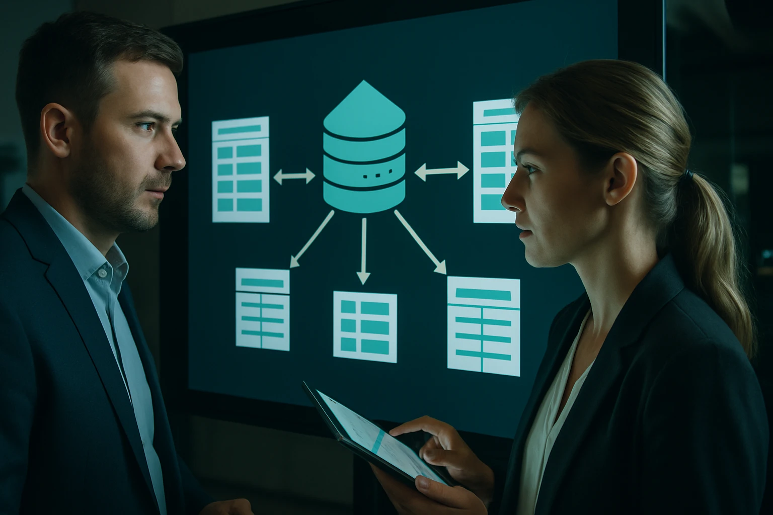 Két üzletember egy adatbázis struktúráját elemzi egy képernyő előtt.