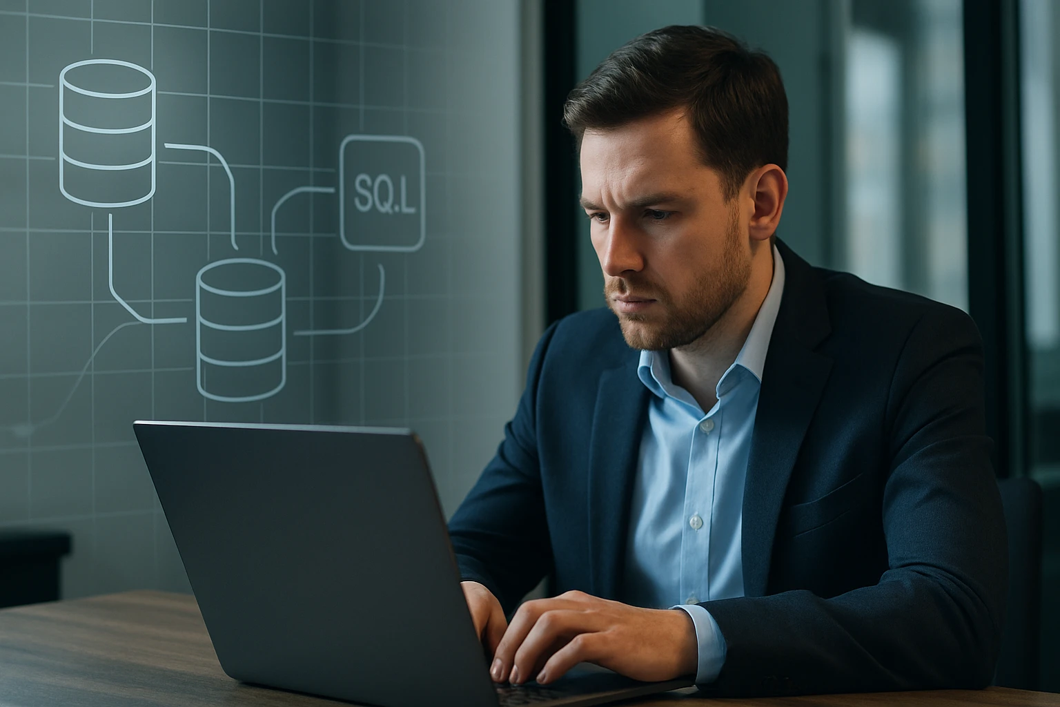 Egy férfi laptop előtt ül, adatbázisokkal és SQL-lel kapcsolatos grafikával.