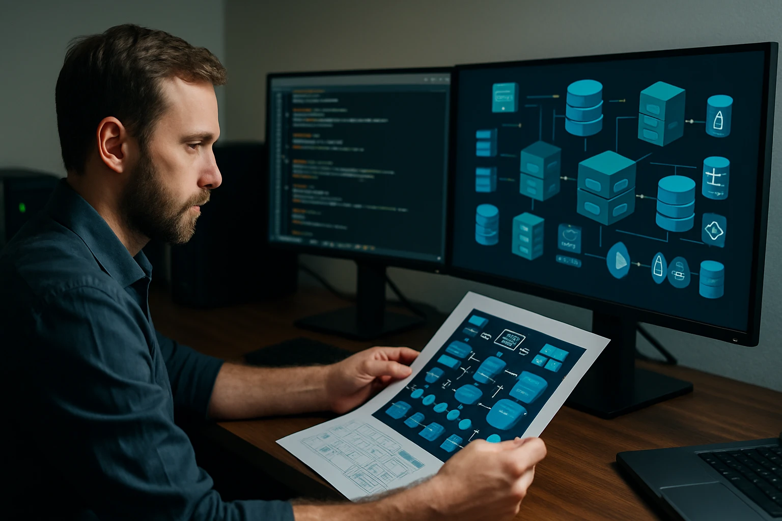 Egy férfi adatbázis-diagramot néz, miközben számítógép előtt ül.
