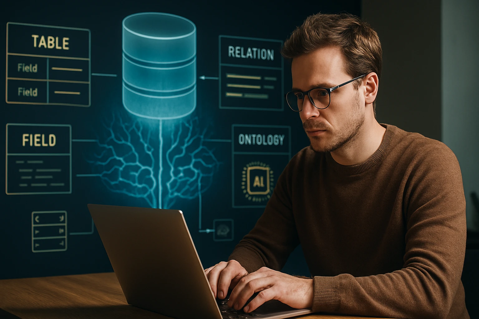 Egy férfi laptop előtt ül, adatbázisokkal és AI fogalmakkal foglalkozik.