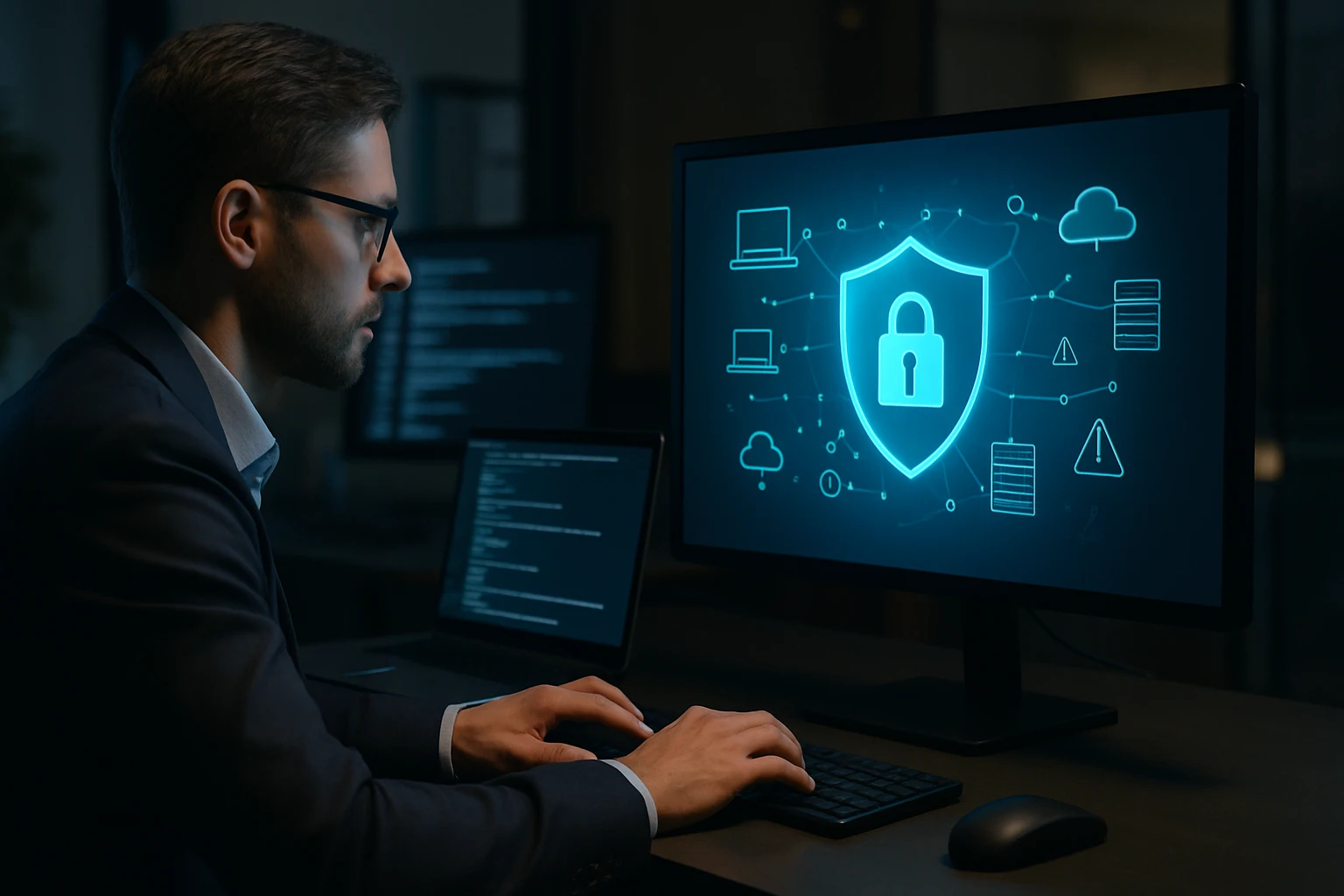 Egy férfi számítógép előtt ül, a képernyőn adatbiztonsági grafika látható.