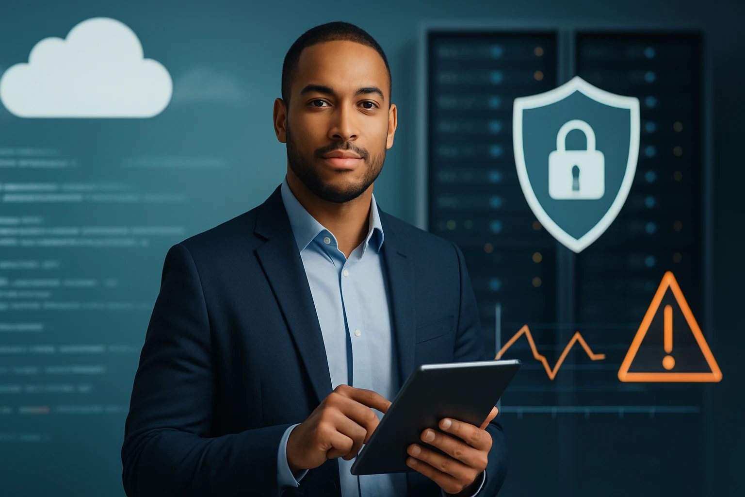 Egy férfi tabletet tart a kezében, háttérben adatbiztonsági grafikonokkal.