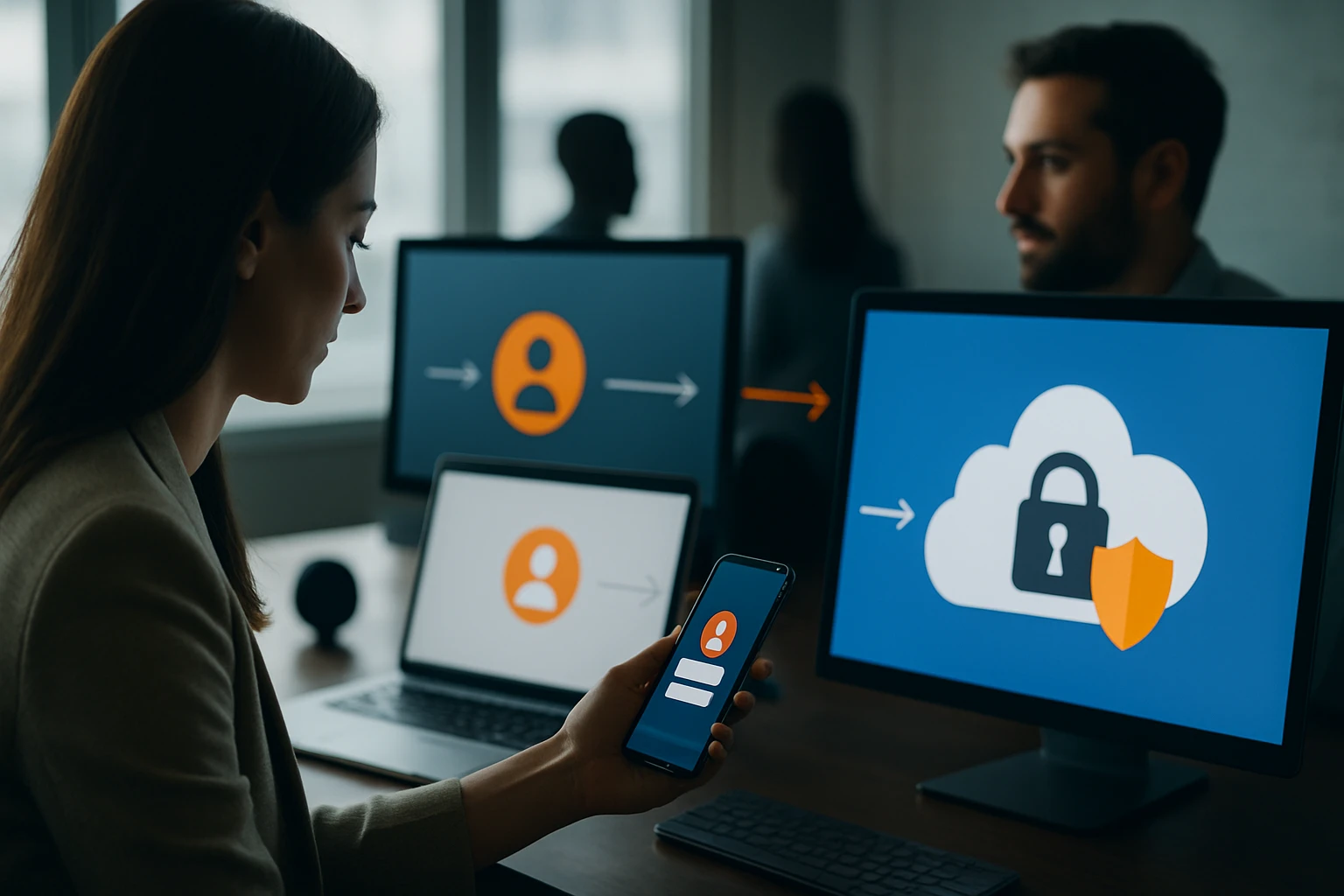 Egy nő okostelefont használ, miközben számítógépek előtt ül, adatbiztonság témában.