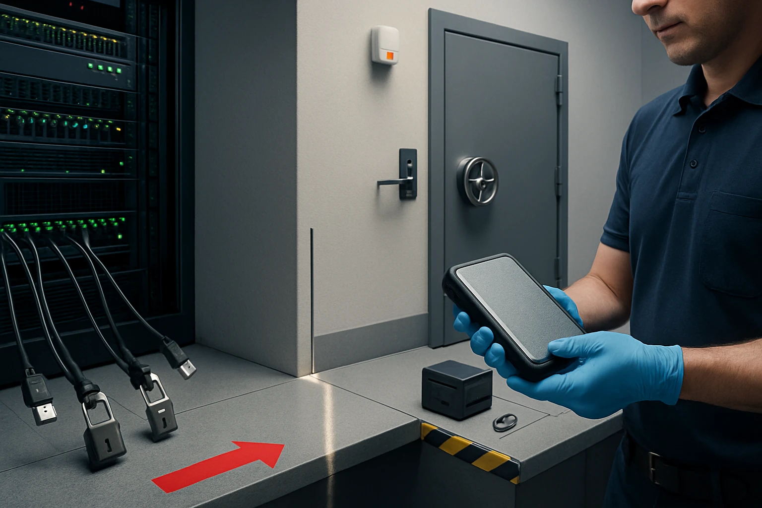 Egy technikus egy külső tárolót tart a kezében, miközben adatközpontban dolgozik.