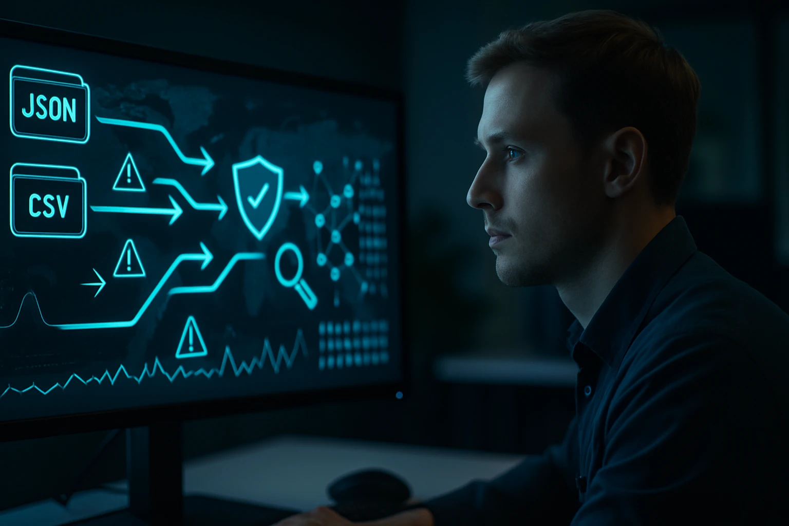 Egy férfi figyelmesen nézi a számítógép képernyőjét, ahol adatok és figyelmeztetések láthatók.