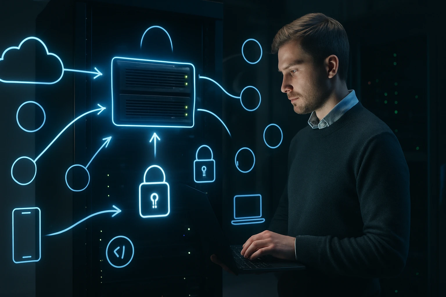 Egy férfi laptopot használ, miközben adatátviteli és biztonsági ikonok láthatók a háttérben.