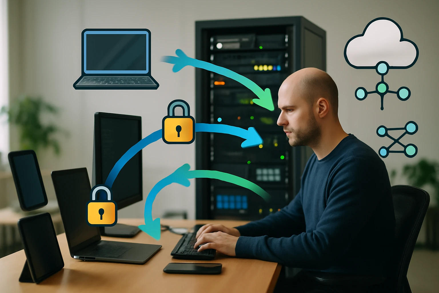 Egy férfi számítógép előtt ül, adatátviteli és biztonsági ikonokkal.