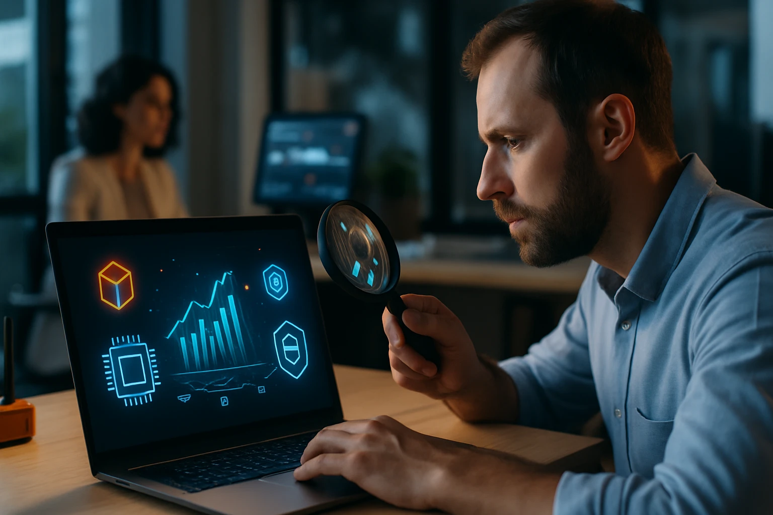 Egy férfi nagyítót használ, miközben adatokat elemez a laptopján.