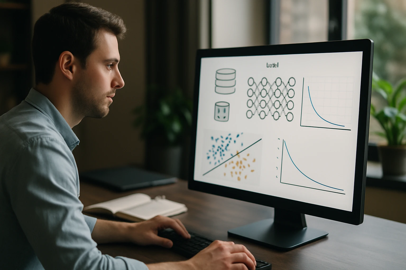 Egy fiatal férfi számítógép előtt ül, adatelemzést végez grafikonokkal.