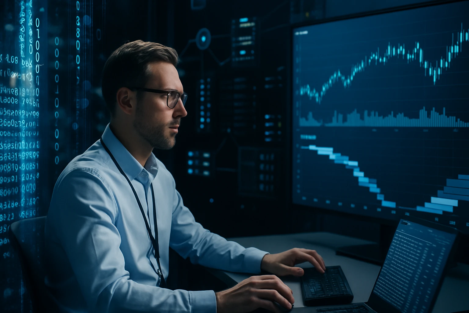 Egy férfi számítógép előtt ül, adatokat elemez egy nagy képernyőn.