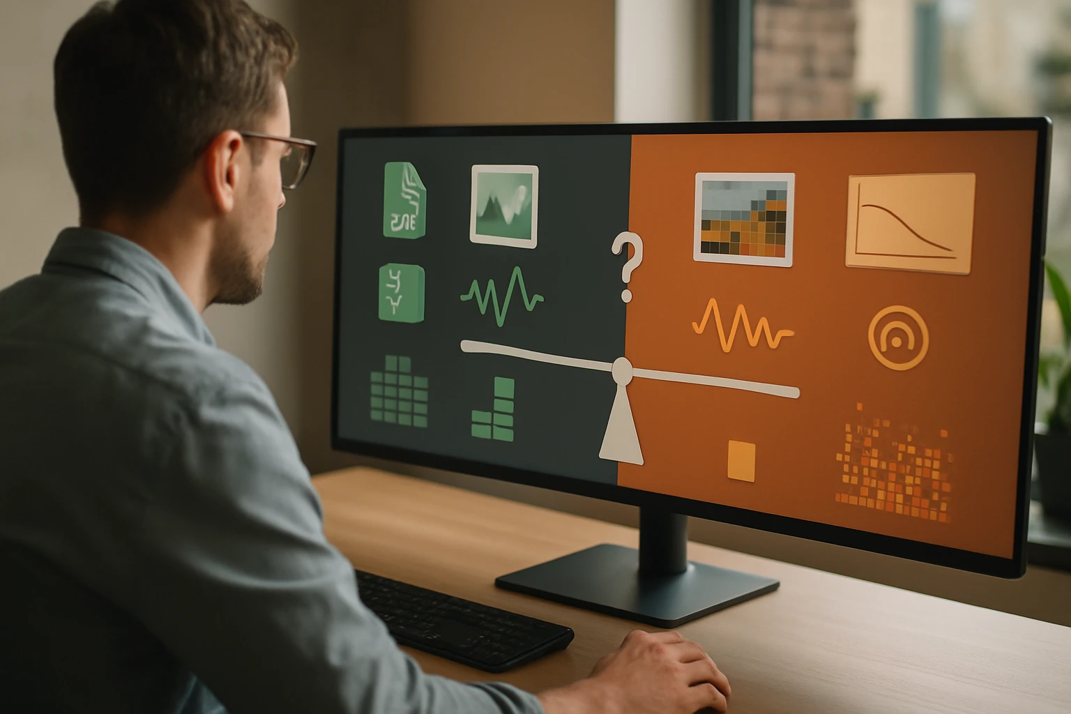 Egy férfi ül egy számítógép előtt, amelyen adatelemző grafikonok láthatók.