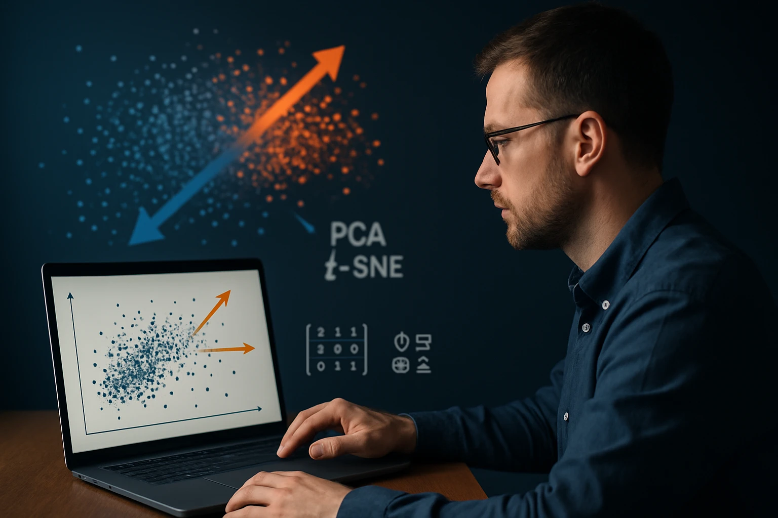 Egy férfi laptop előtt ül, adatelemzést végez, PCA és t-SNE grafikonokkal.
