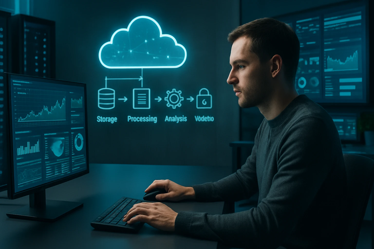 Egy férfi számítógép előtt ül, adatfeldolgozást és felhőalapú tárolást végez.