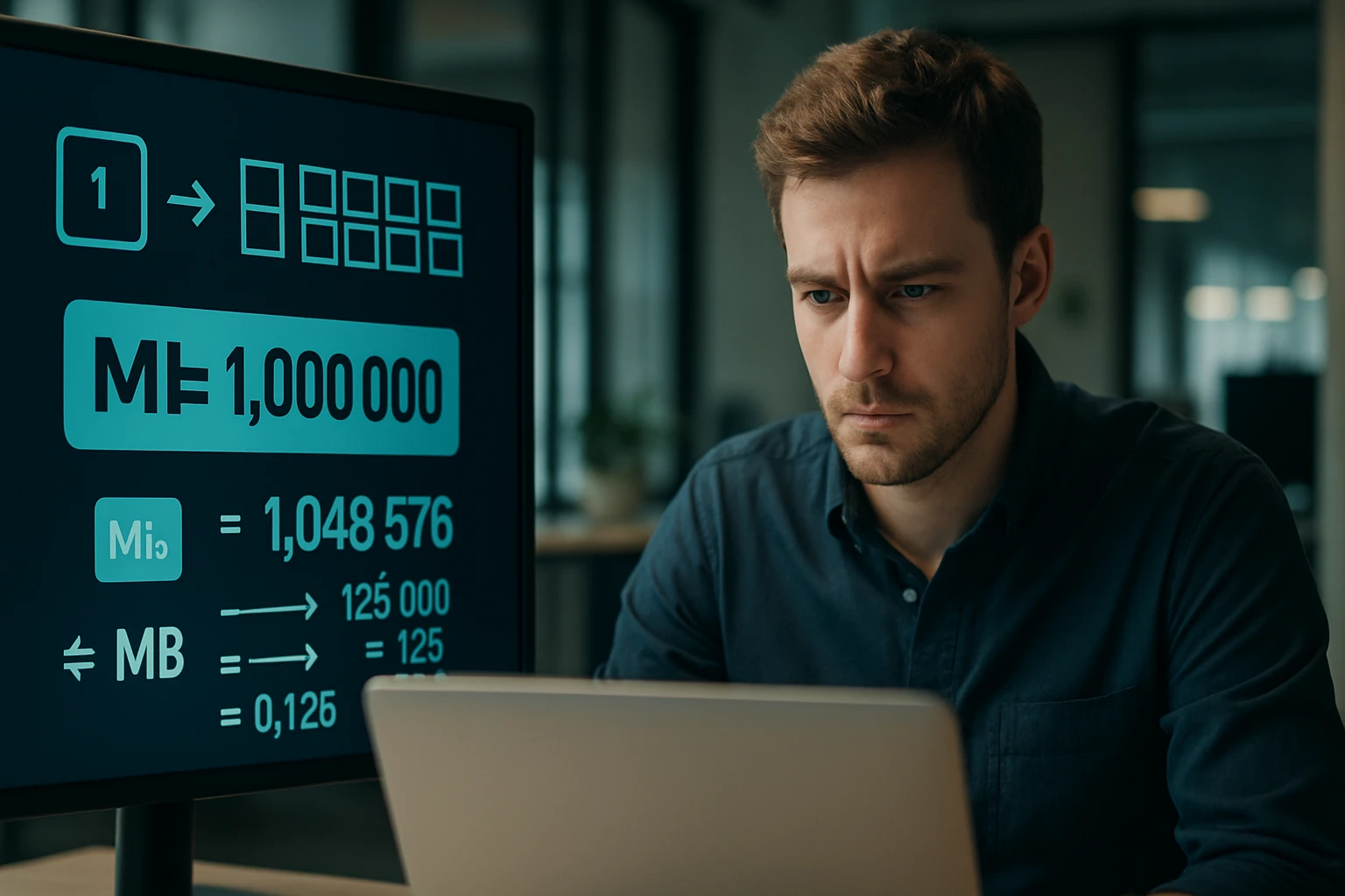 Egy férfi figyelmesen nézi a számítógépét, miközben adatokat elemez.