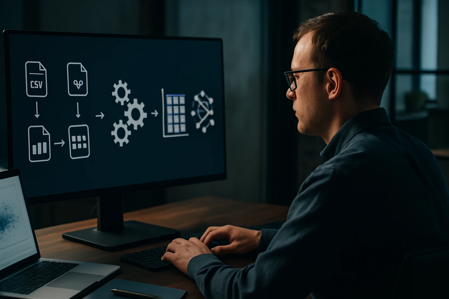 Egy férfi dolgozik a számítógépén, adatfeldolgozási folyamatot ábrázoló grafikával.