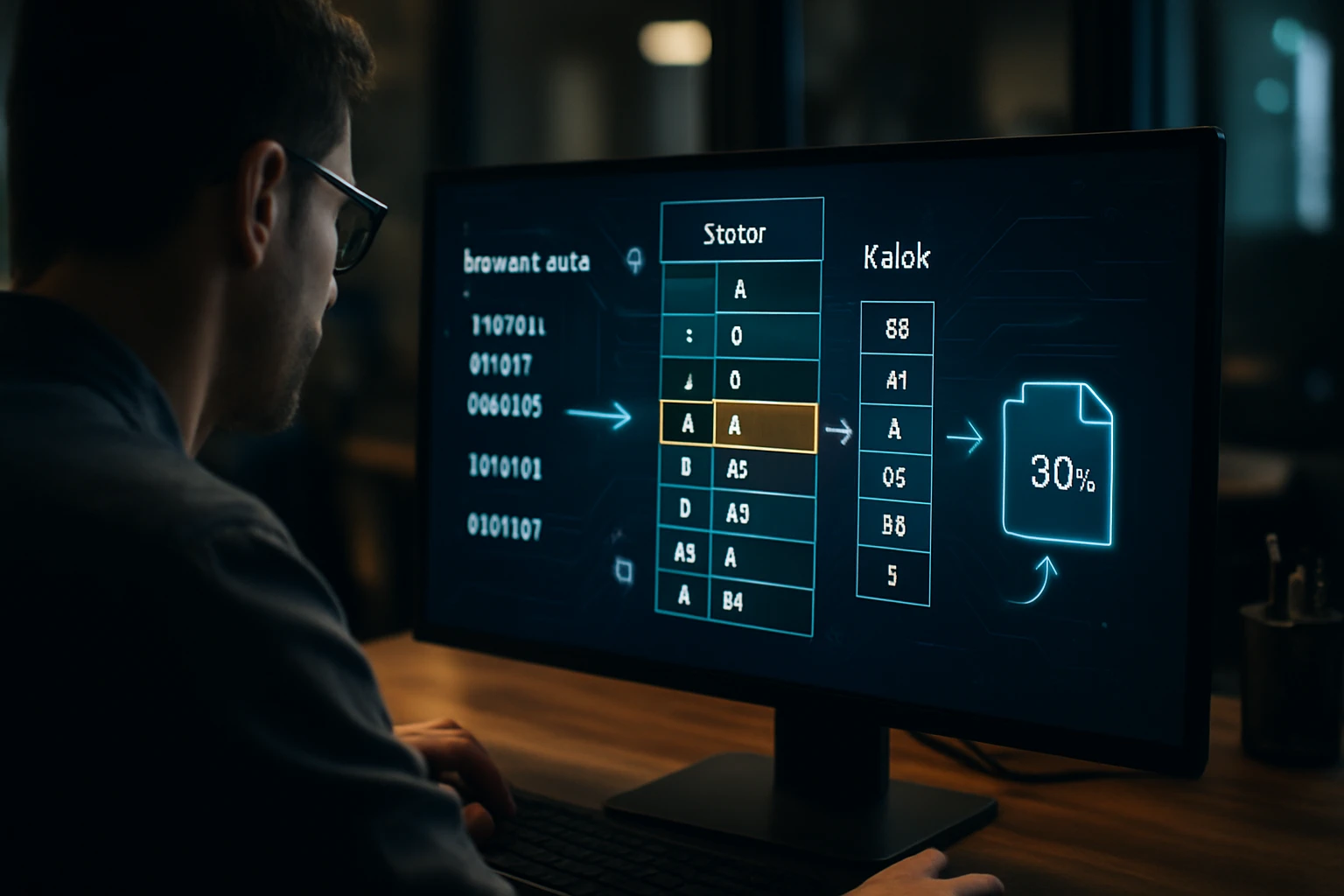 Egy férfi számítógép előtt ül, adatokat elemez egy képernyőn.