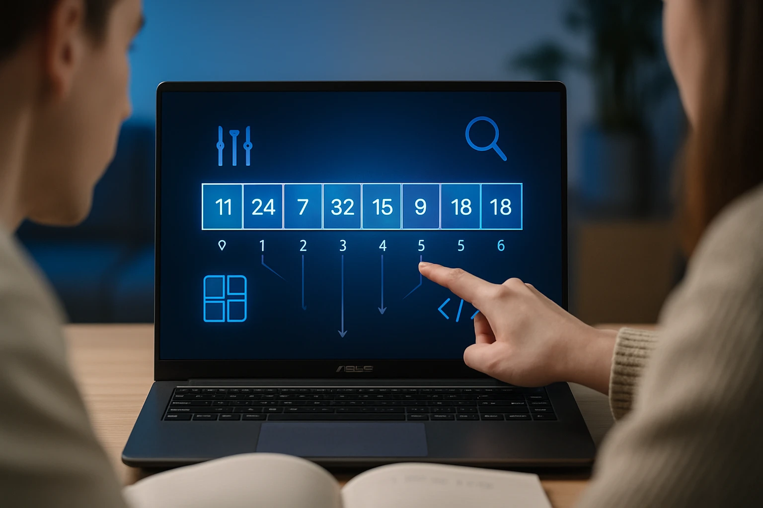 Két személy egy laptop képernyőjén adatokat elemez, programozási szimbólumokkal.