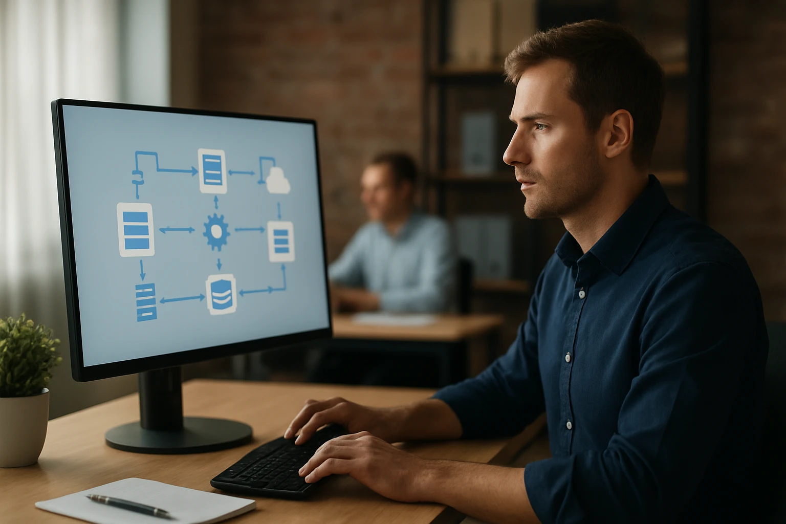 Egy férfi számítógép előtt ül, a monitoron adatfolyamok és diagramok láthatók.