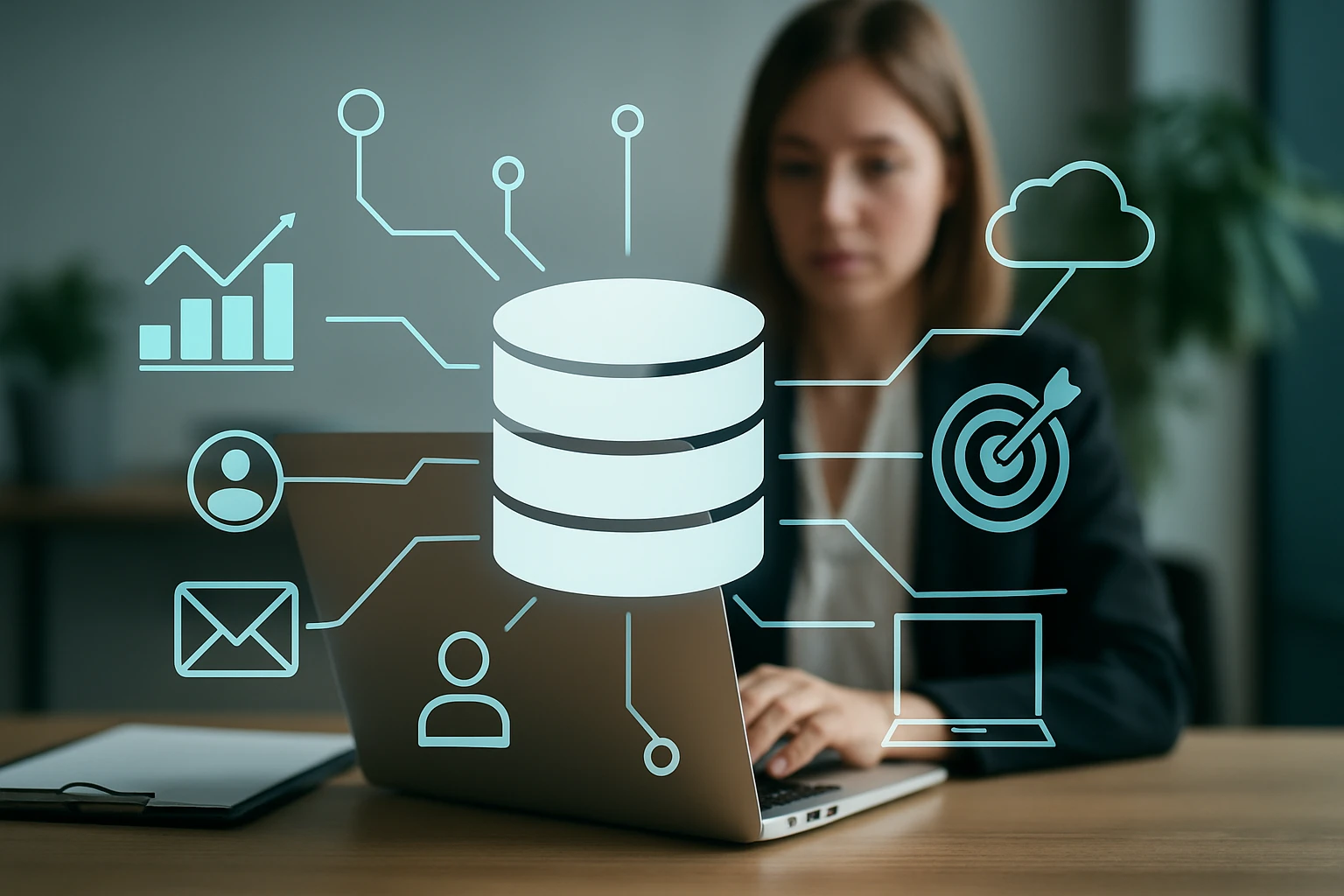 Egy nő laptop előtt ül, adatkezelési grafikákkal a háttérben.