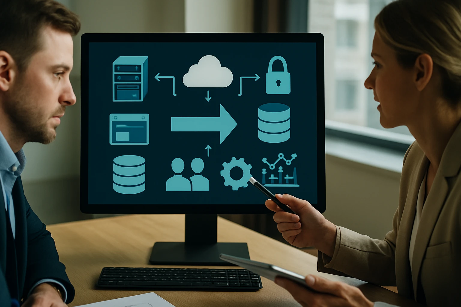 Két üzletember egy számítógép előtt, ahol adatkezelési folyamatokat ábrázoló grafika látható.