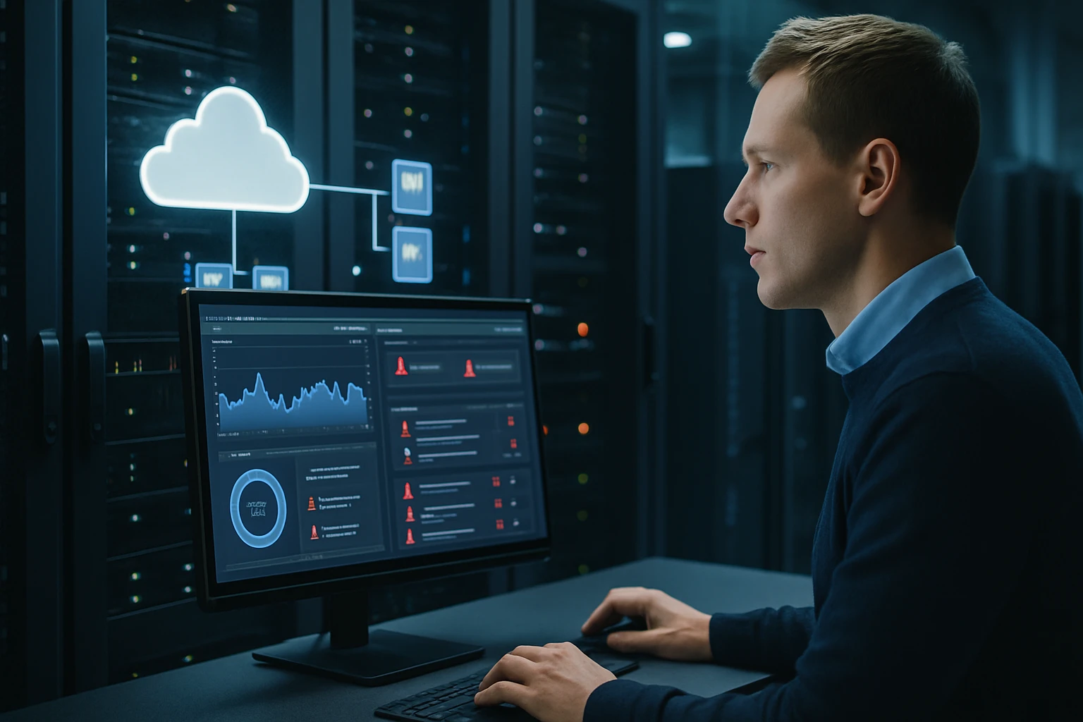 Egy fiatal férfi dolgozik egy számítógépen, háttérben szerverekkel.