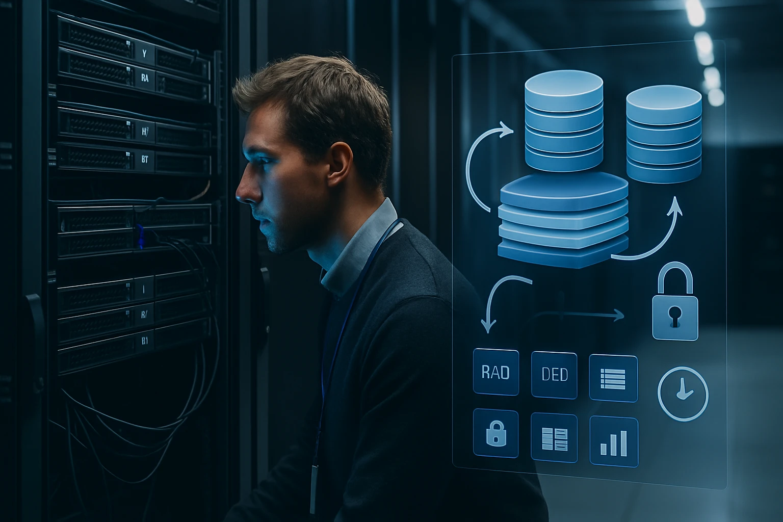 Egy férfi adatközpontban dolgozik, miközben adatbázisokkal kapcsolatos grafikák láthatók.