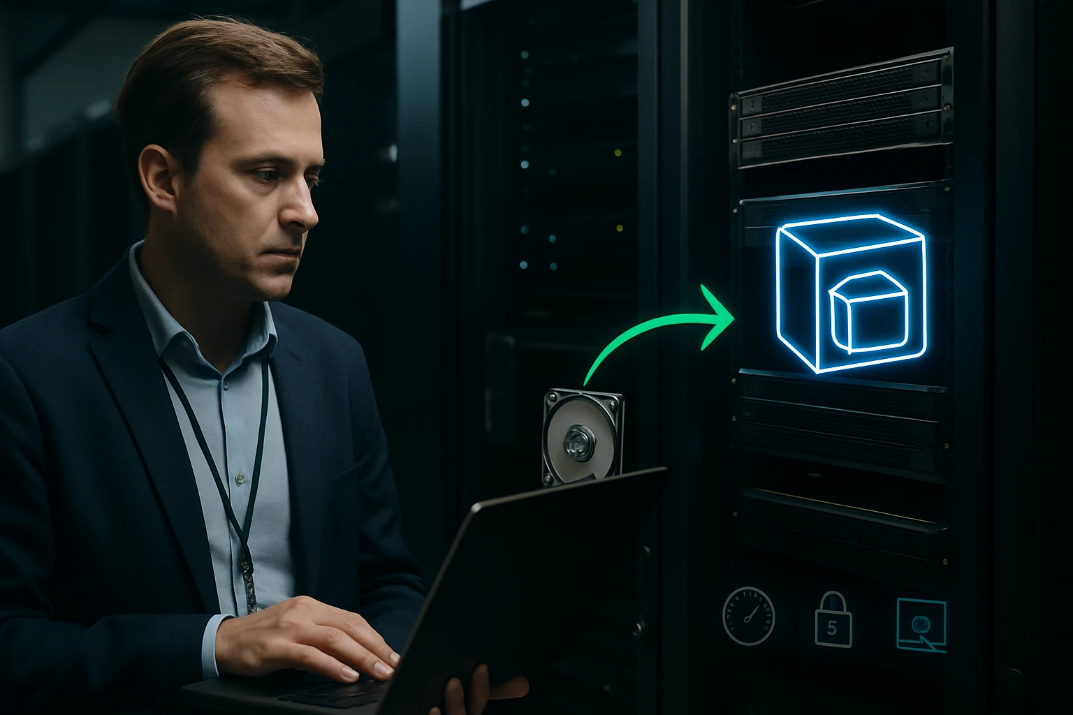 Egy férfi laptopot használ egy szerver előtt, adatokat kezelve.