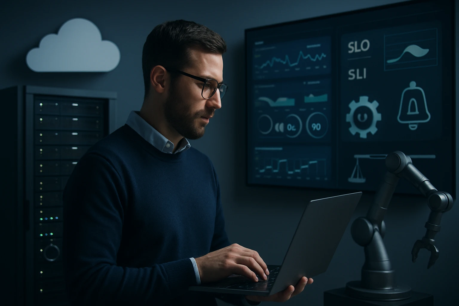 Egy férfi laptopot használ, miközben adatokat elemez egy monitoron.