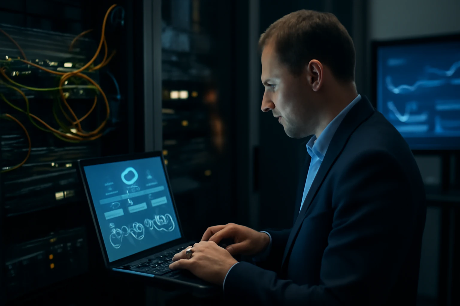 Egy férfi laptopon dolgozik, háttérben szerverek és adatelemző grafikonok láthatók.
