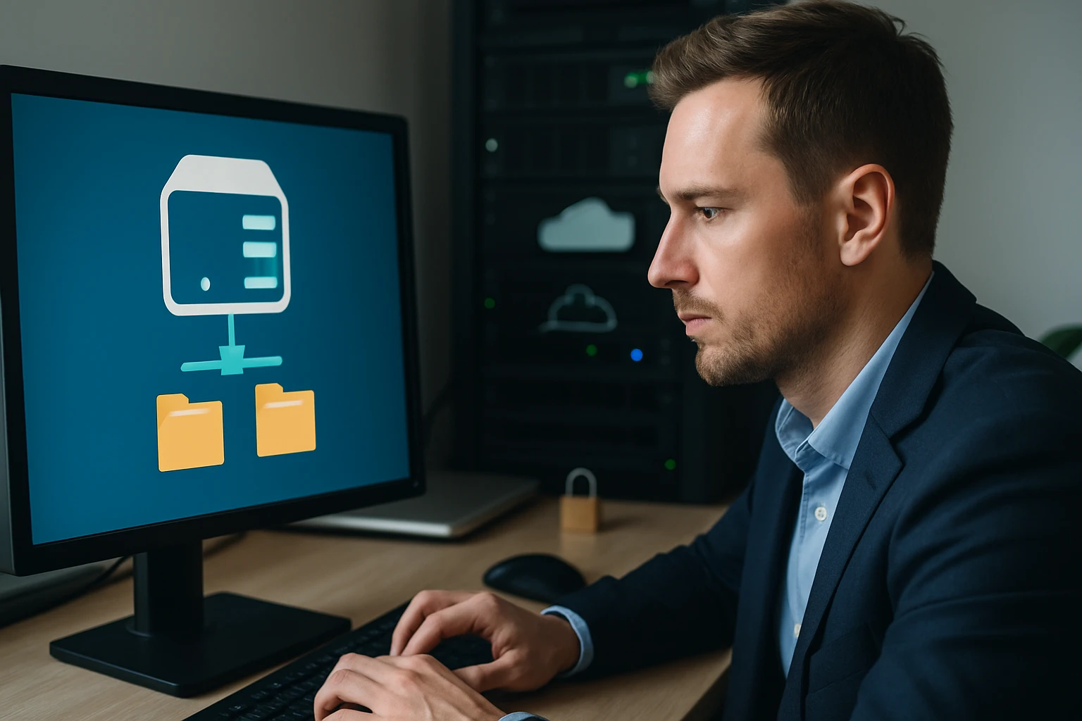 Egy férfi számítógépen dolgozik, adatokat kezel egy hálózati rendszerben.