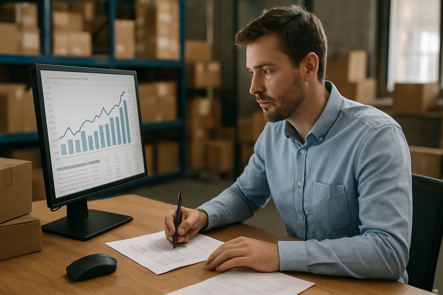 Egy férfi számítógép előtt ül, grafikonokat néz és jegyzetel.