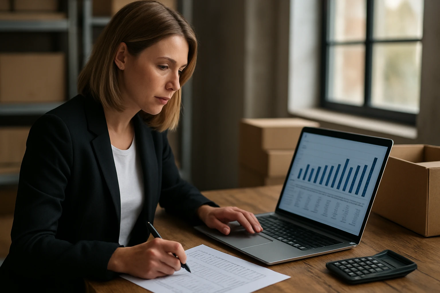 Egy fiatal nő számítógépnél ül, adatokat elemez és jegyzetel.