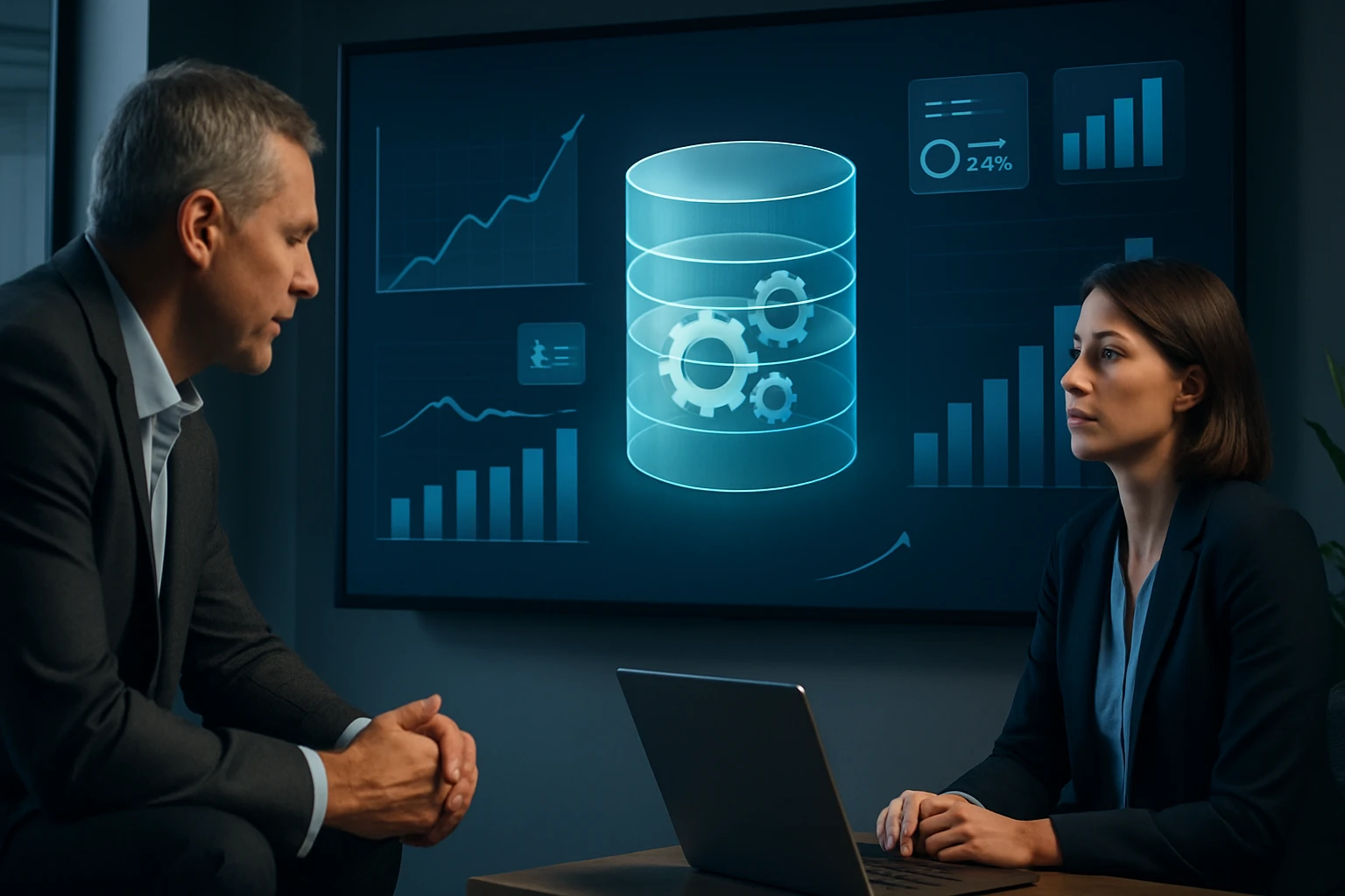 Két üzletember beszélget egy laptop előtt, háttérben adatvizualizációval.