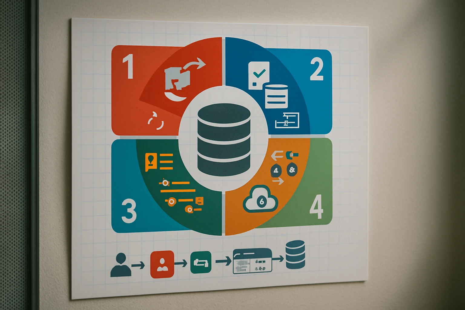 Infografika adatkezelési folyamatokról, négy szakaszra bontva.