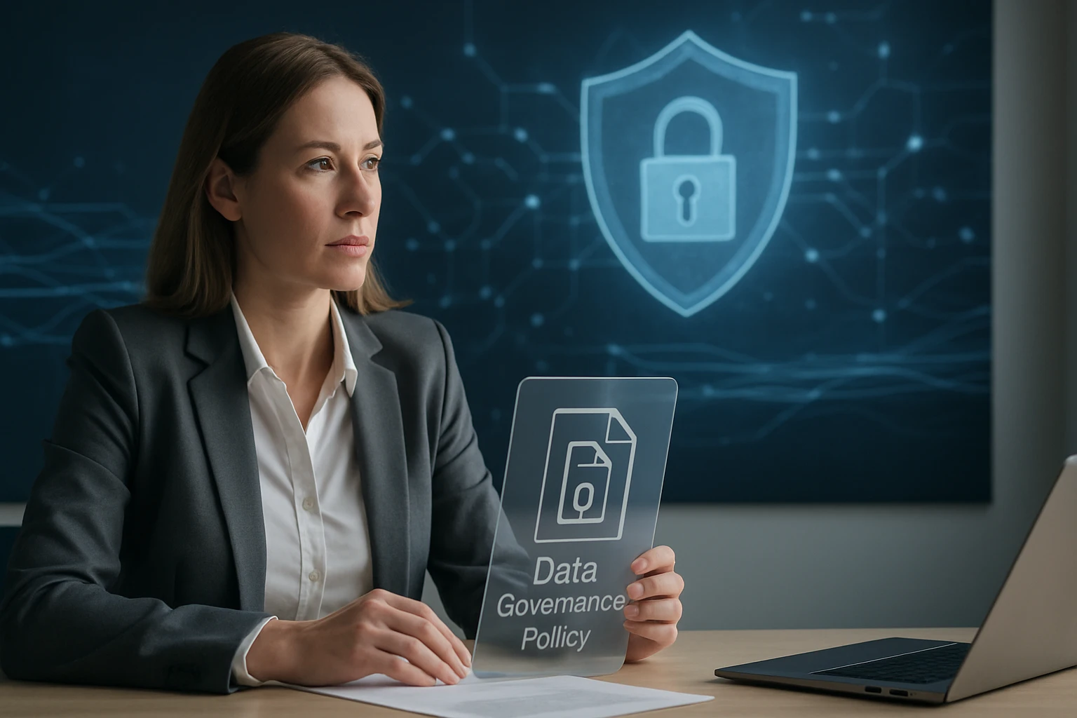 Egy nő üzleti öltözetben, adatkezelési politikát tart a kezében, háttérben digitális védelem szimbóluma.