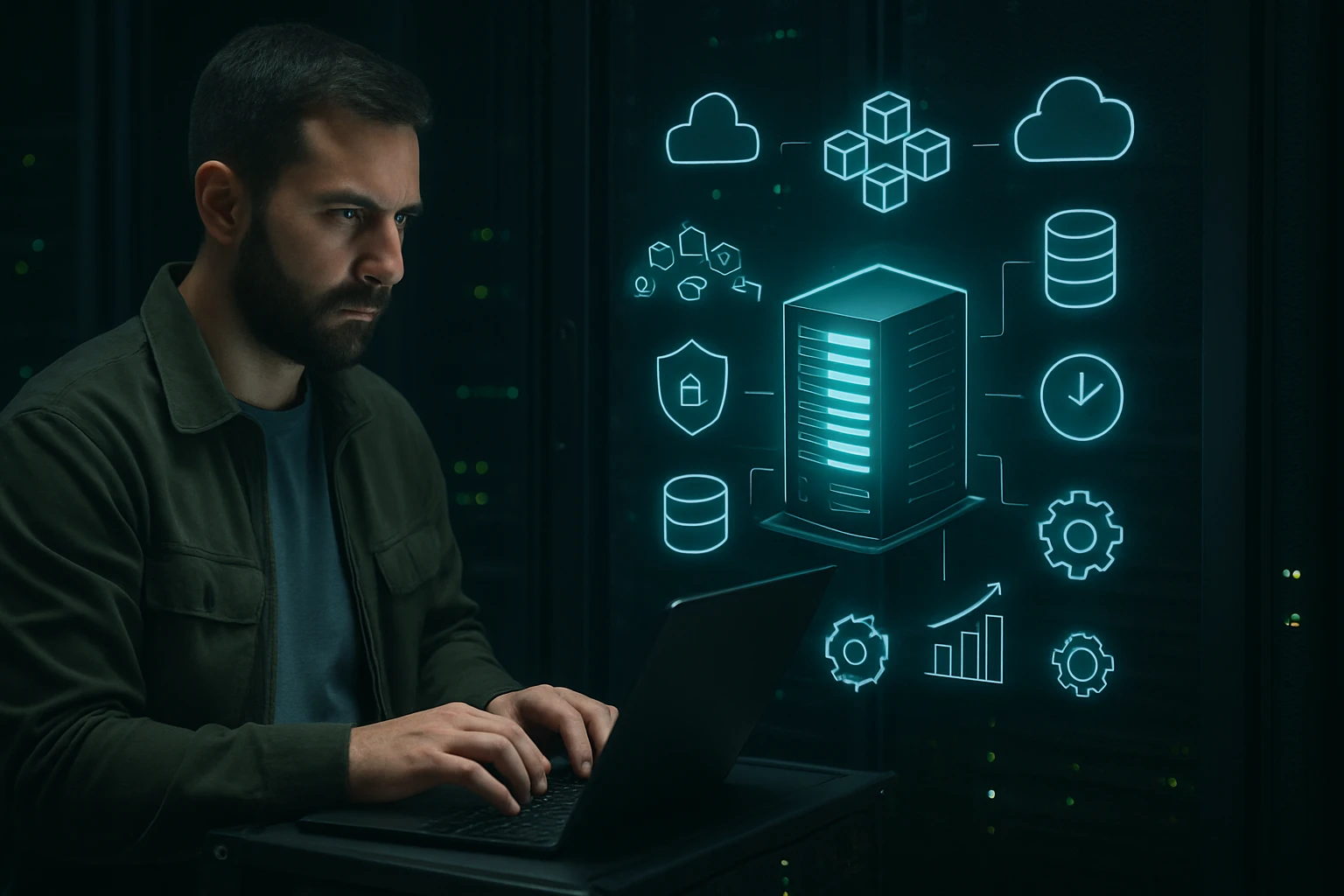 Egy férfi laptopon dolgozik, háttérben adatközpont és digitális ikonok.