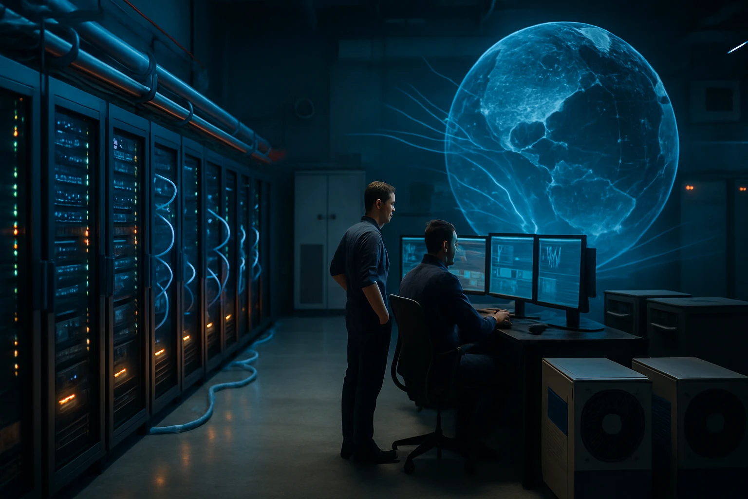 Két szakember dolgozik egy modern adatközpontban, számítógépek előtt.