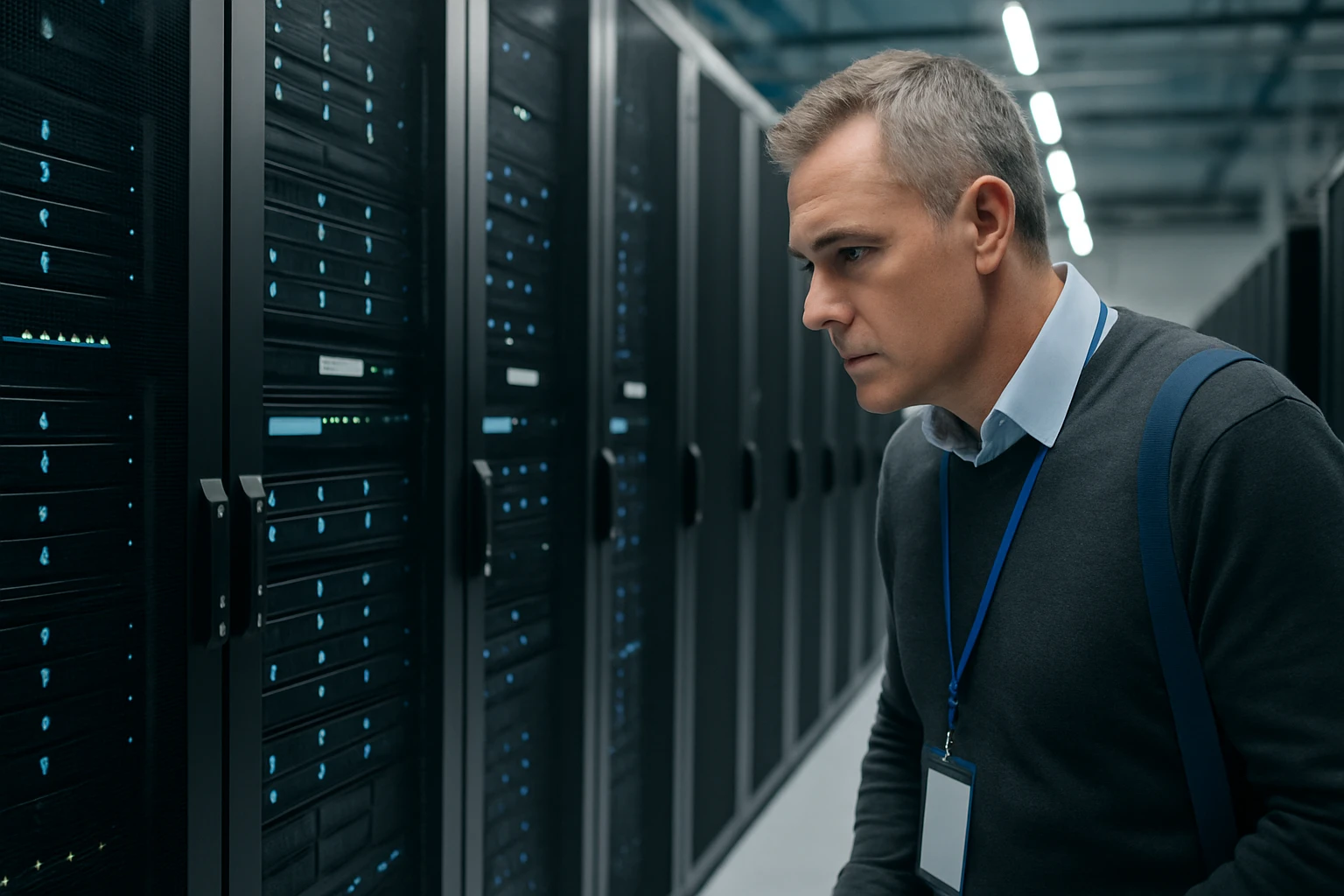 Egy férfi figyelmesen néz egy adatközpont szerverére, háttérben világító LED-ekkel.