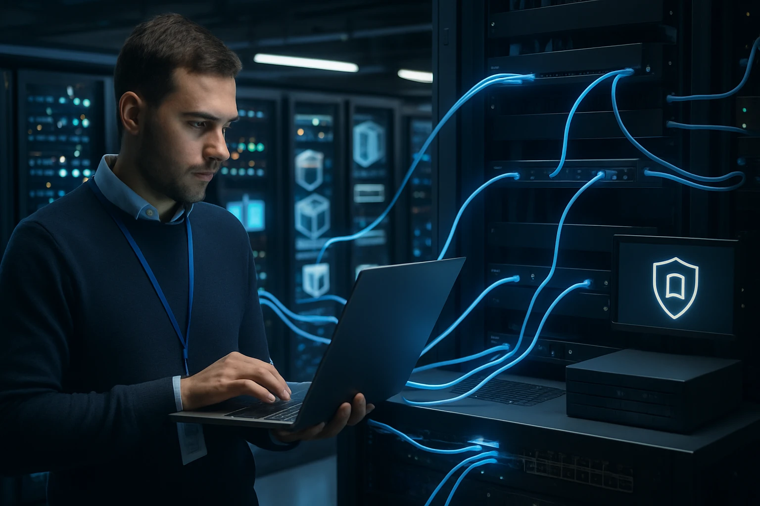 Egy férfi laptopot használ egy sötét adatközpontban, kék kábelek között.