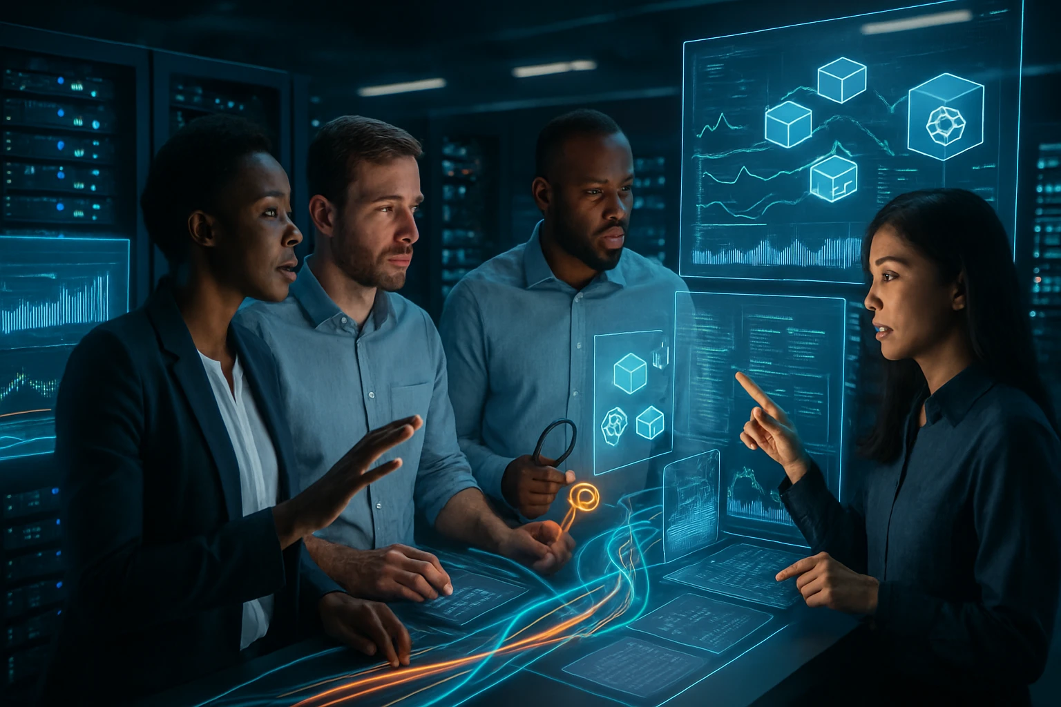 Négy szakember egy modern adatközpontban, holografikus adatokkal dolgoznak.