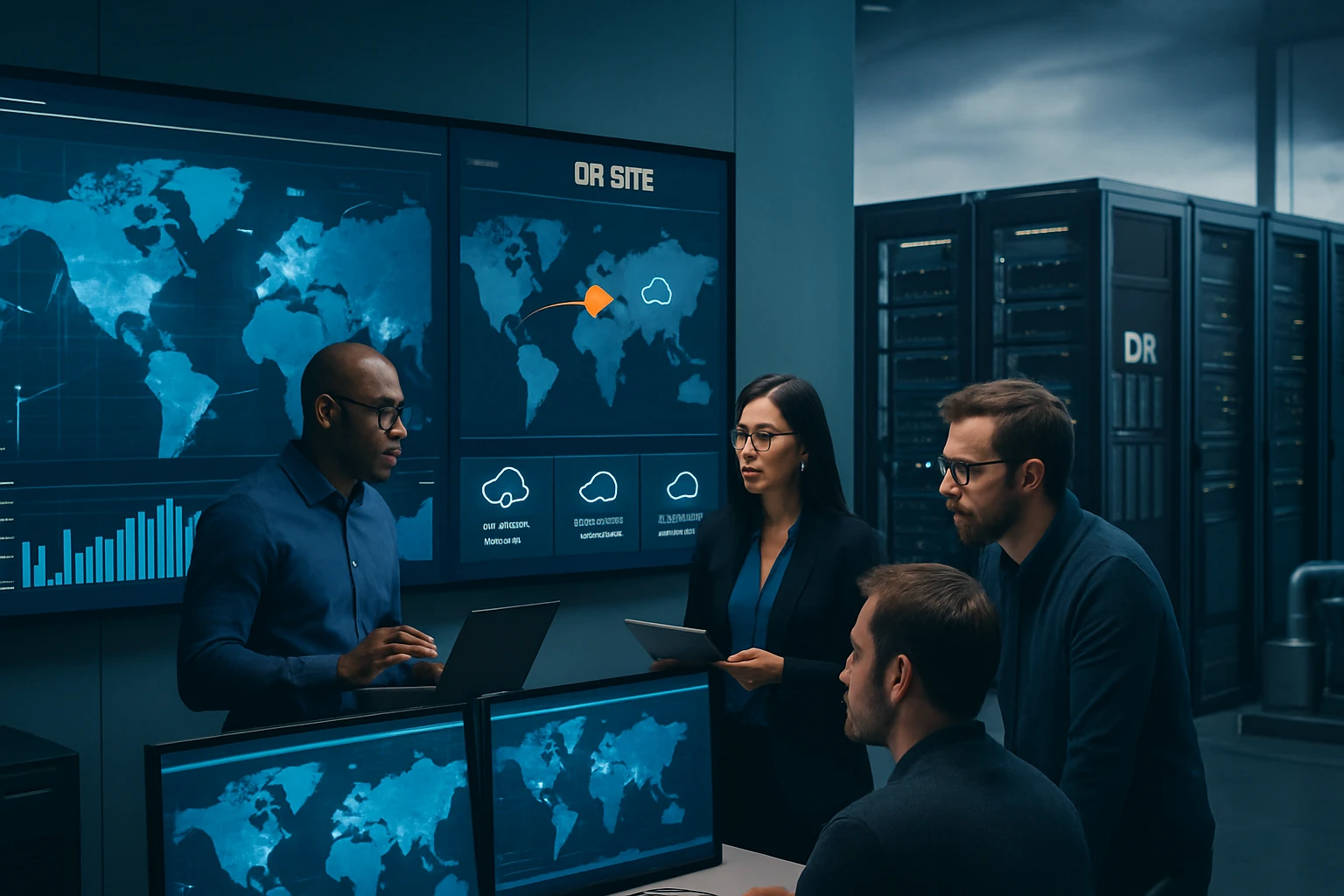 Négy szakember egy modern adatközpontban, térképekkel és grafikonokkal dolgozik.