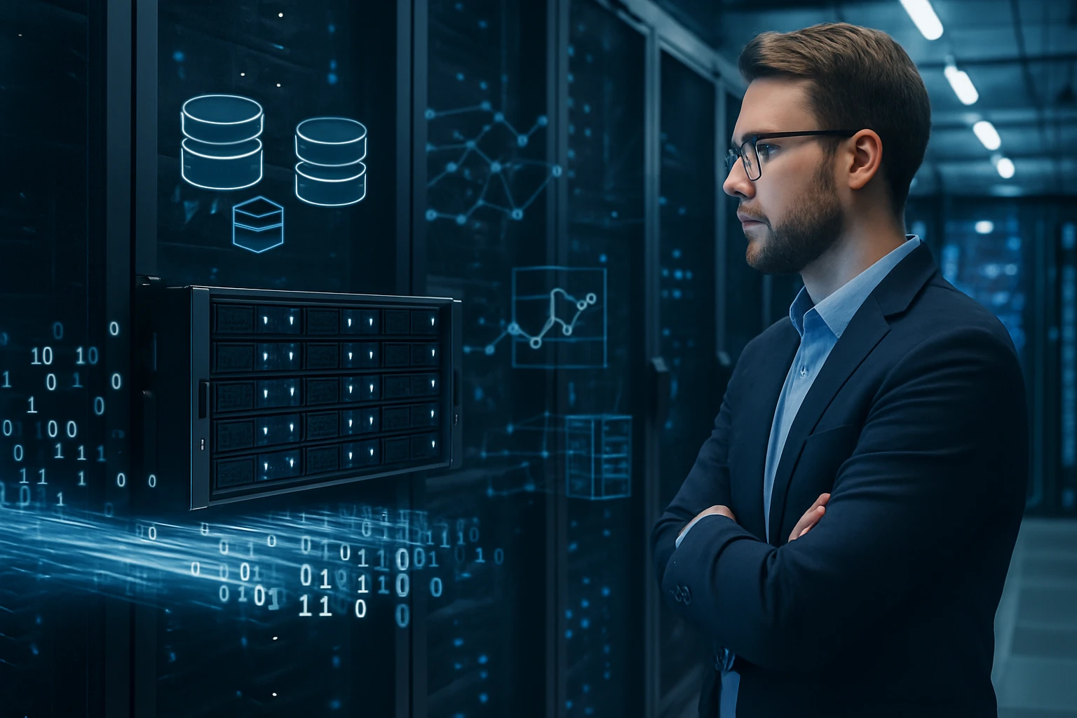 Egy férfi néz egy adatközpontban, digitális grafikonokkal és adatbázisokkal.