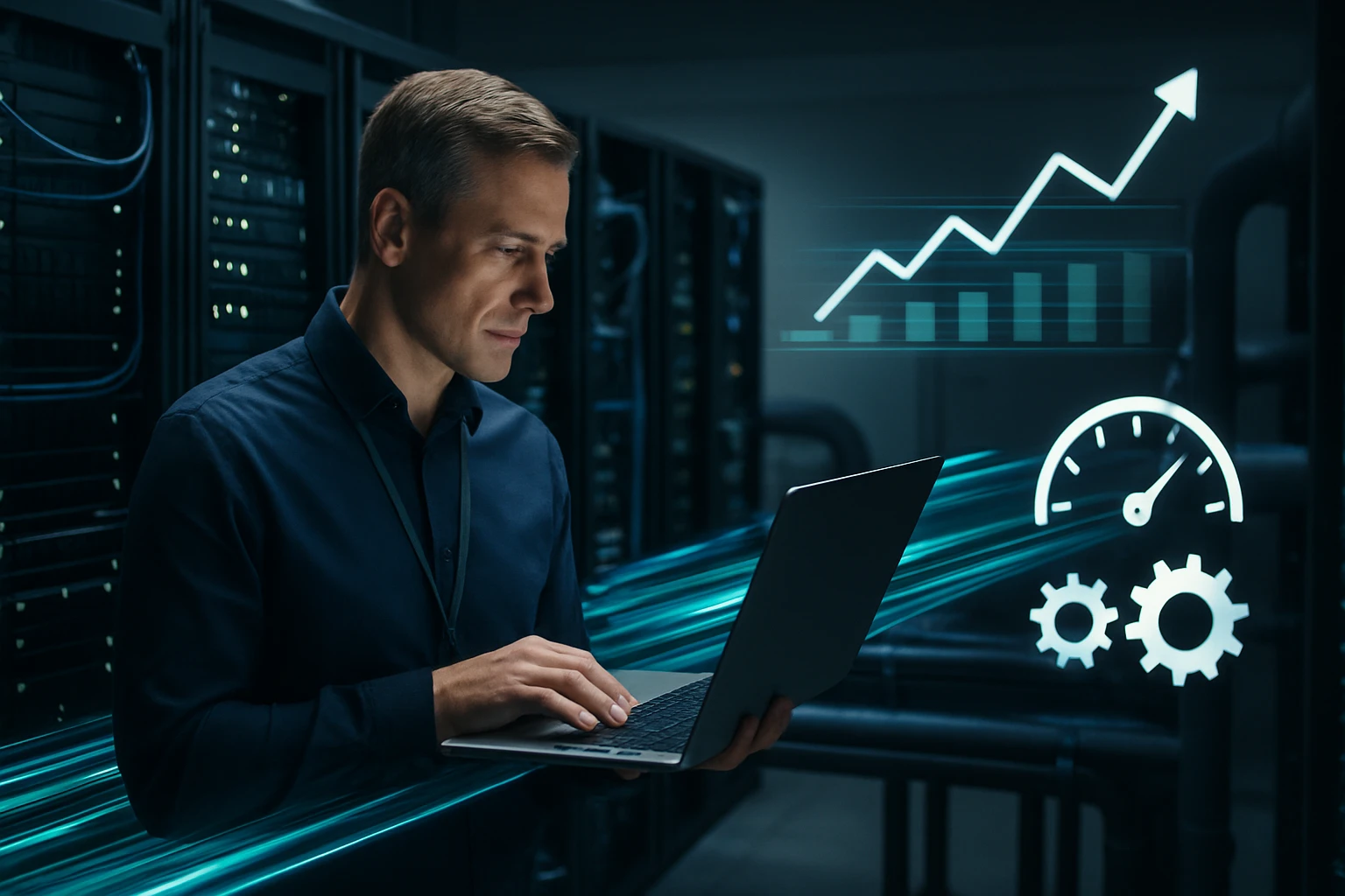 Egy férfi laptopot használ egy szerverteremben, háttérben adatelemző grafikonokkal.