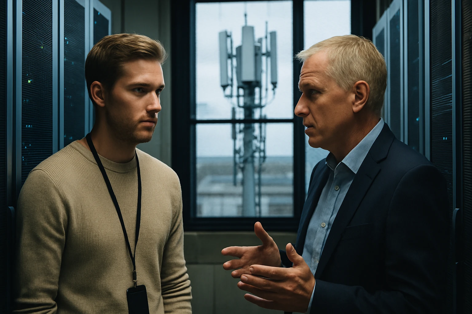 Két férfi beszélget egy adatközpontban, háttérben szerverek és egy mobilantenna.