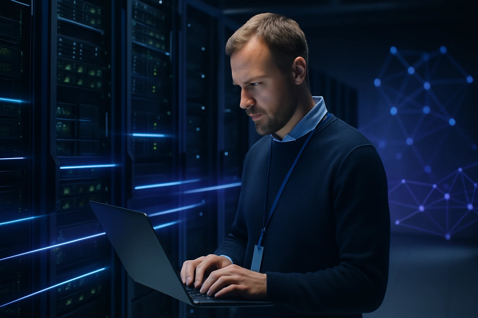 Egy férfi laptopot használ egy sötét adatközpontban, háttérben szerverekkel.
