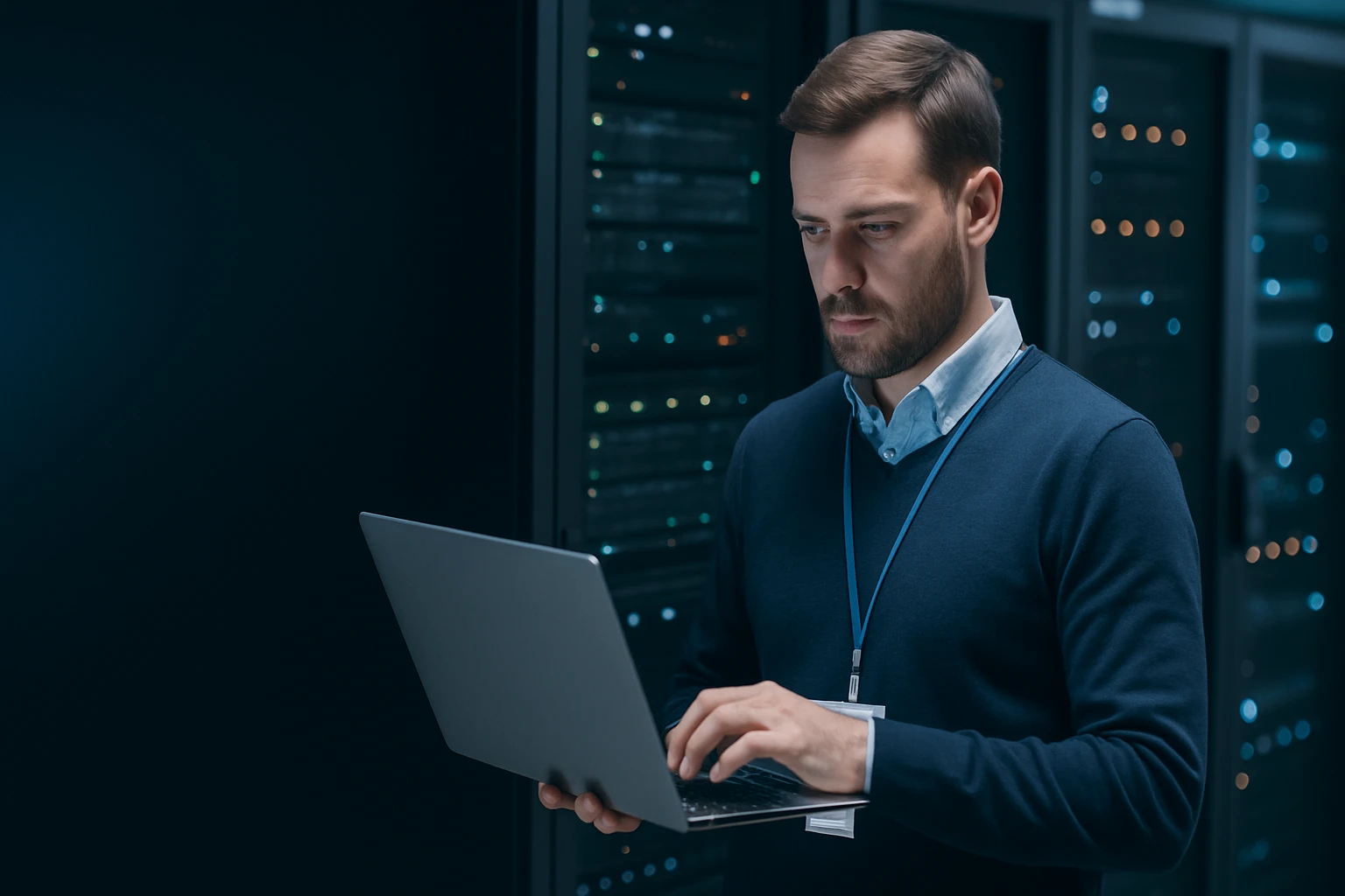 Egy férfi laptopot használ egy sötét adatközpontban, háttérben szerverekkel.