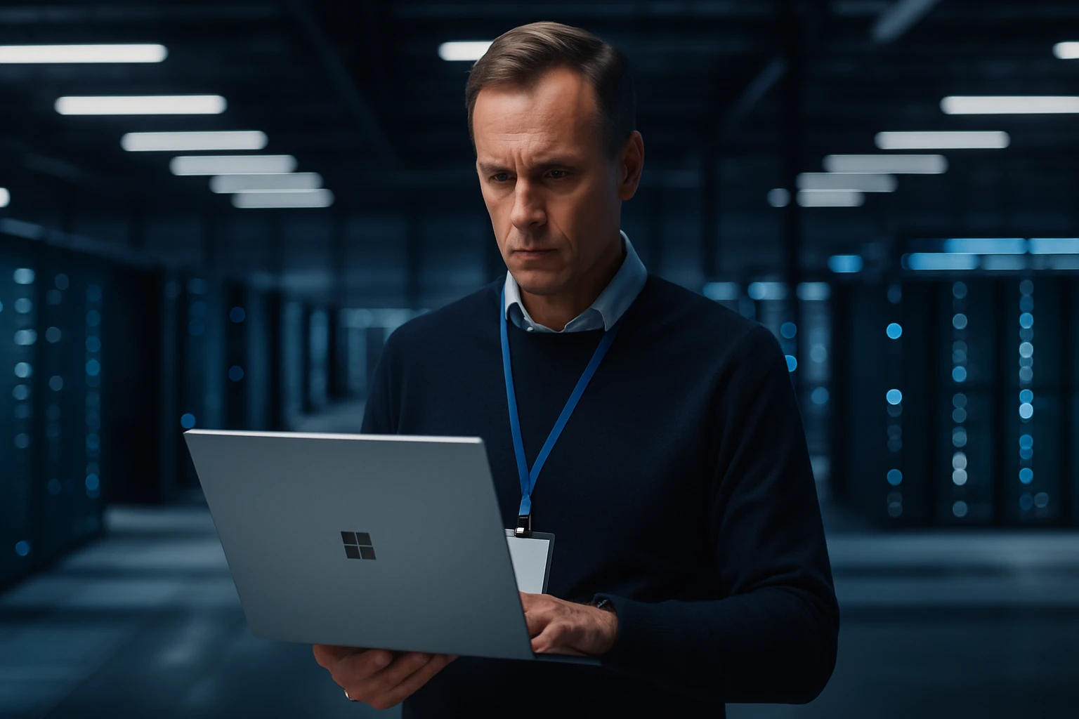 Egy férfi laptopot használ egy sötét adatközpontban, figyelmes arccal.