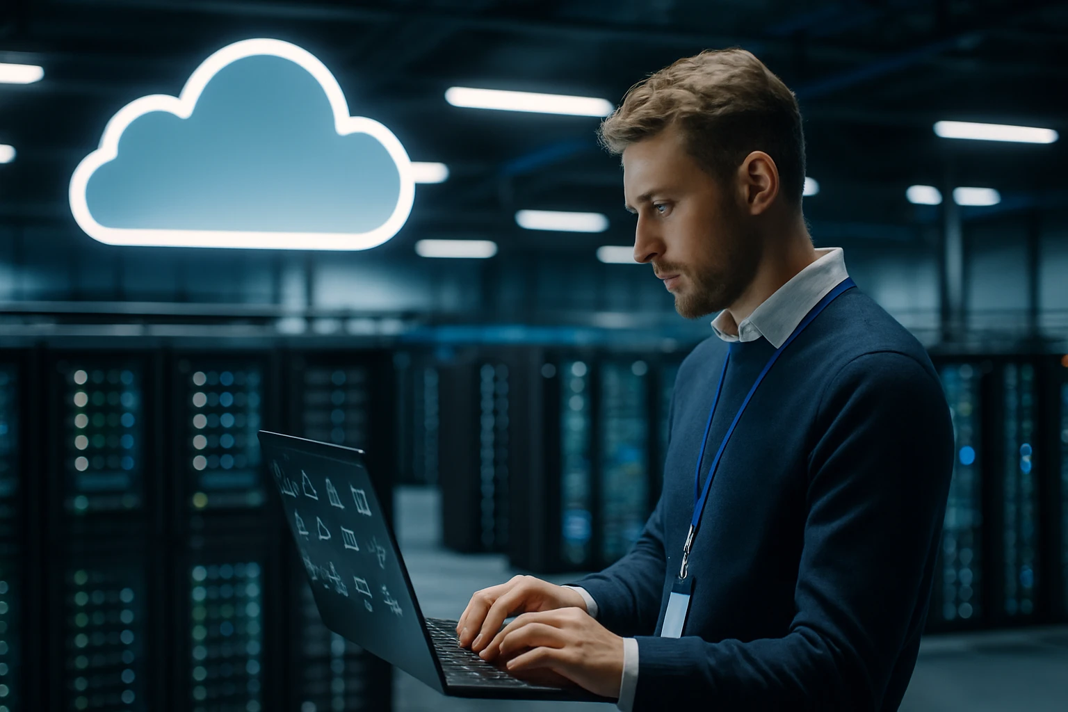 Egy férfi laptopon dolgozik egy adatközpontban, háttérben felhőszimbólummal.
