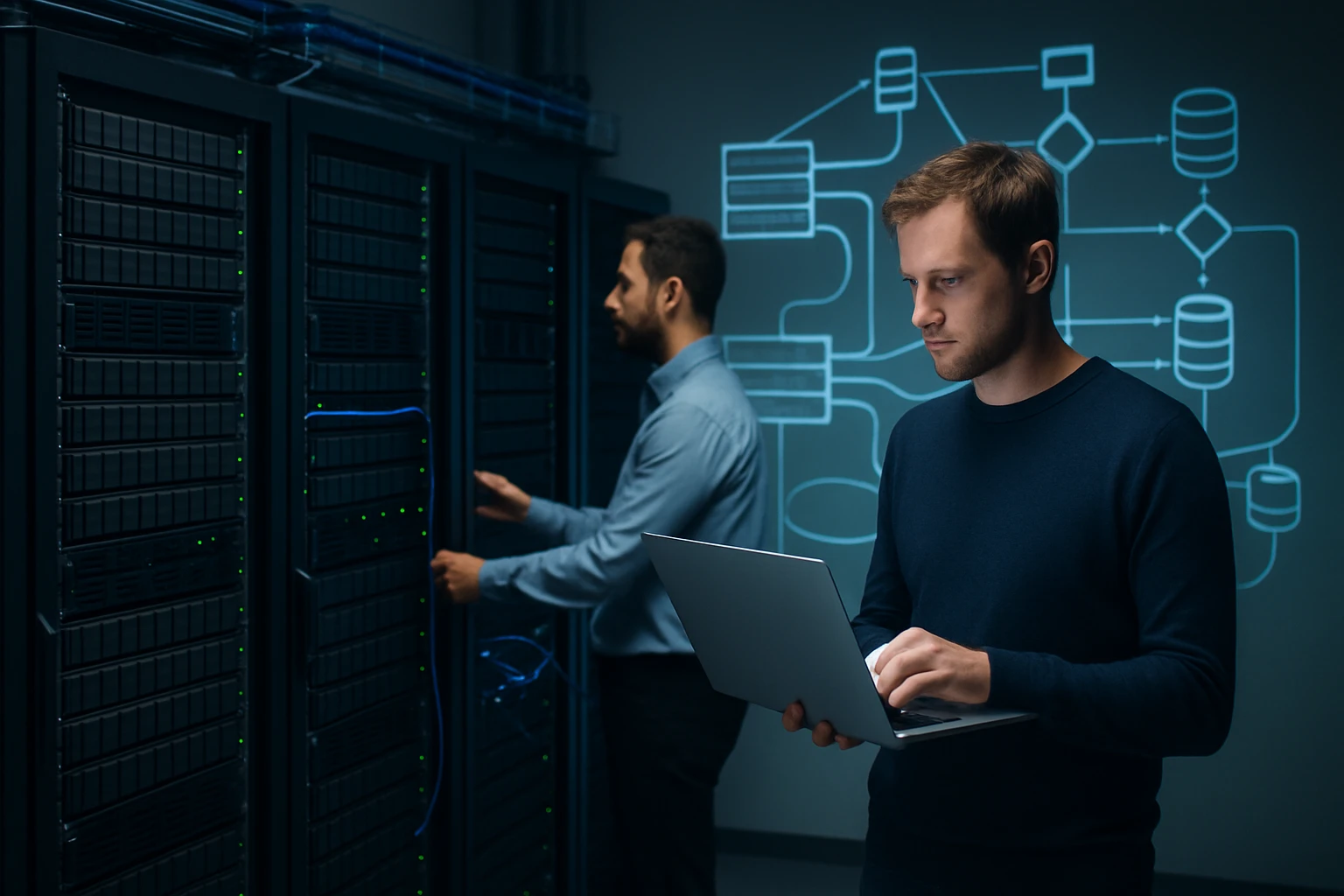 Két férfi dolgozik egy adatközpontban, az egyik laptopot használ, a másik szerverekhez nyúl.